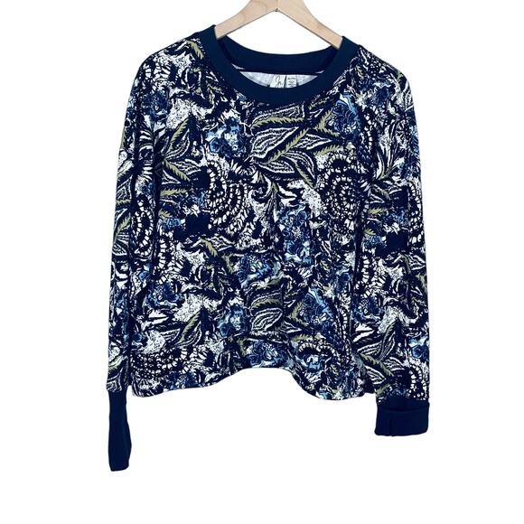 Joie NWT Navy Blue Green Floral Botanical Print Sweater Thumbholes Athleisure XL - Picture 1 of 9